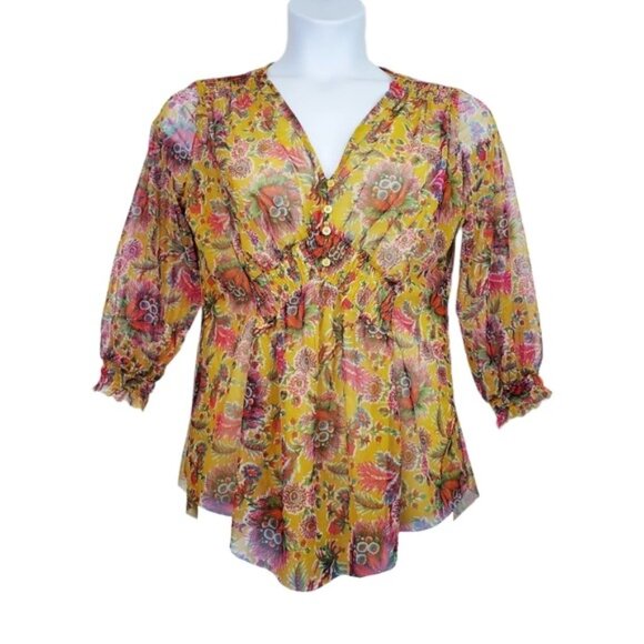 Anthropologie Womens Gretchen Mustard Yellow Red Floral Print Mesh Top Size M - Picture 1 of 8